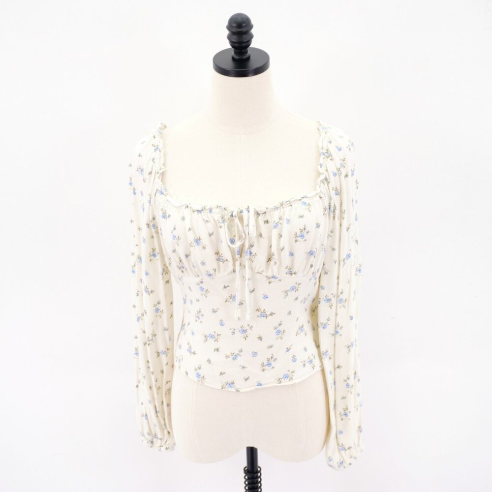 DAMAGED Wild Fable Medium Cream Blue Floral Boat Neck Tie‎ Crop Top Long Sleeve